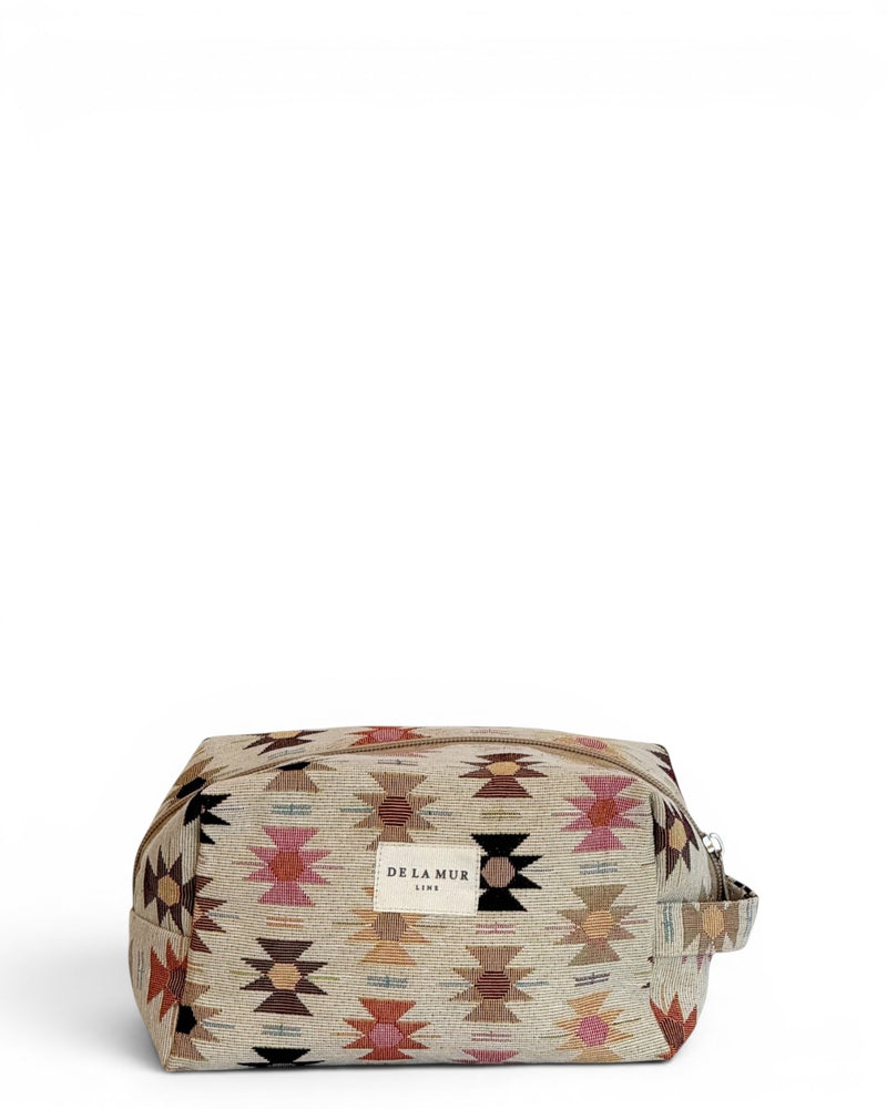 DE LA MUR Royal squared makeup bag in Aztec jacquard on beige, front view