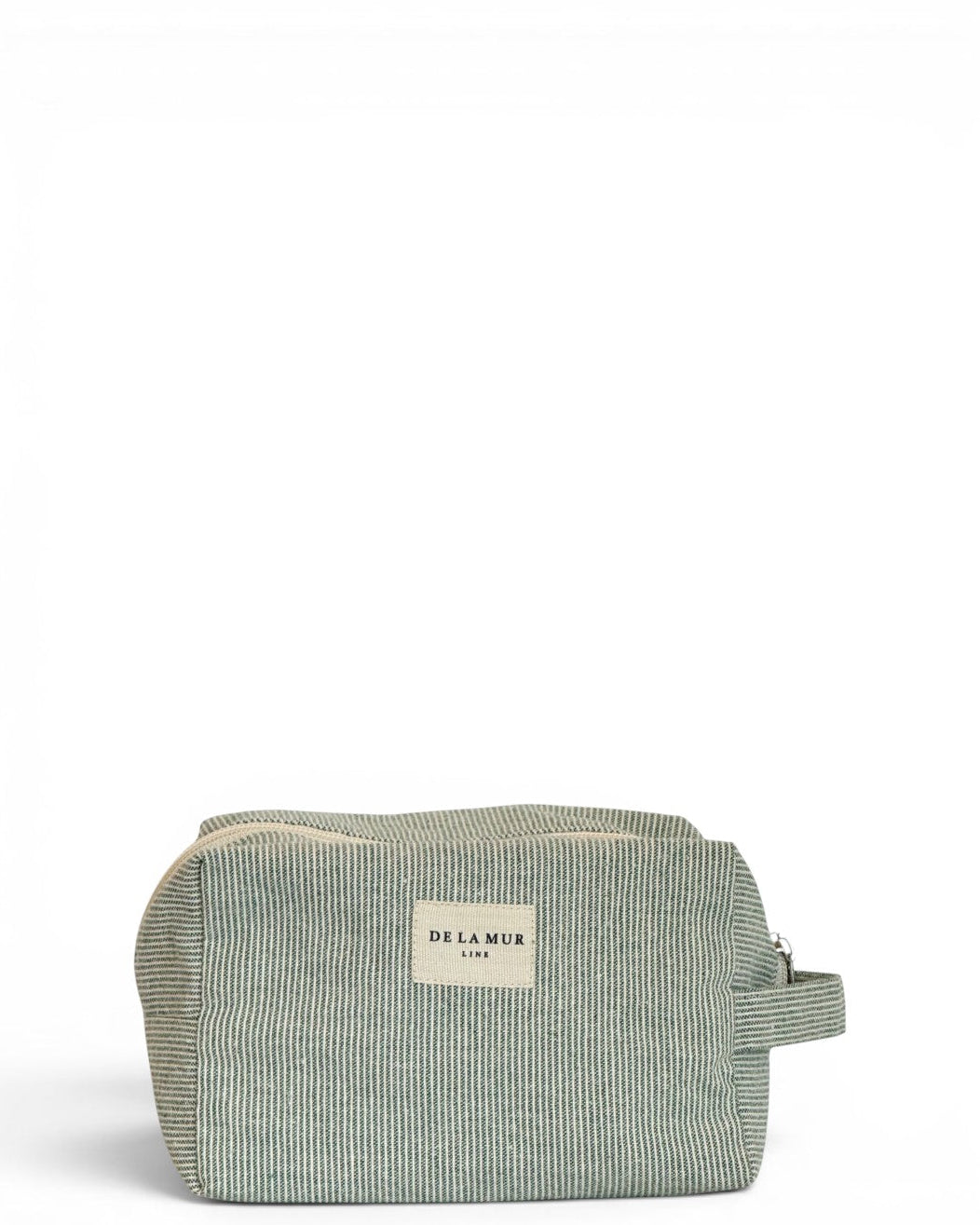 DE LA MUR Teo squared makeup bag in green and white striped fabric, front view