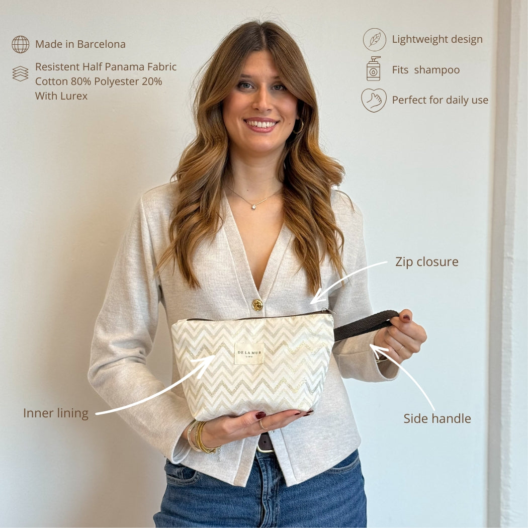 Model holding the DE LA MUR Astro makeup bag with feature callouts and details