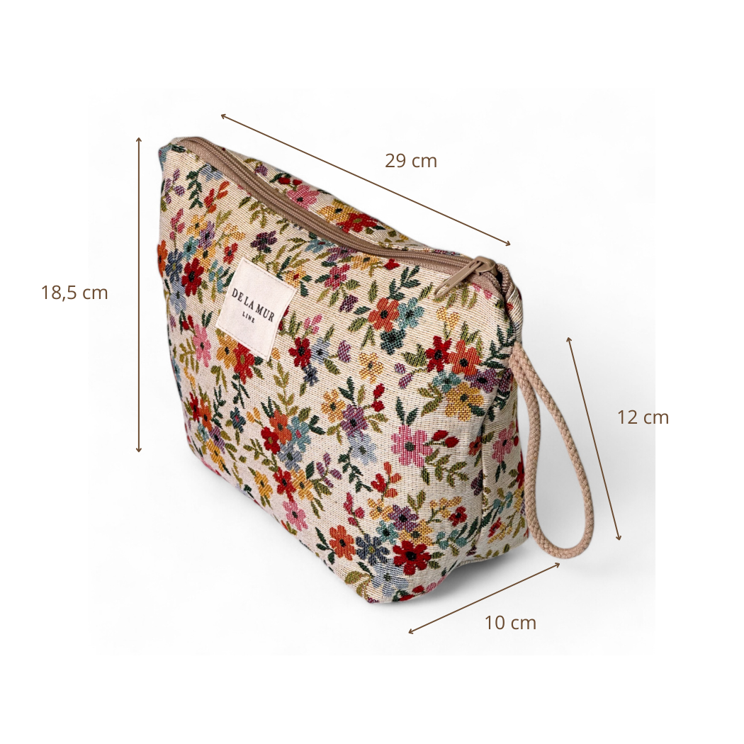 DE LA MUR floral jacquard large makeup bag with dimensions 29 x 18.5 x 10 cm
