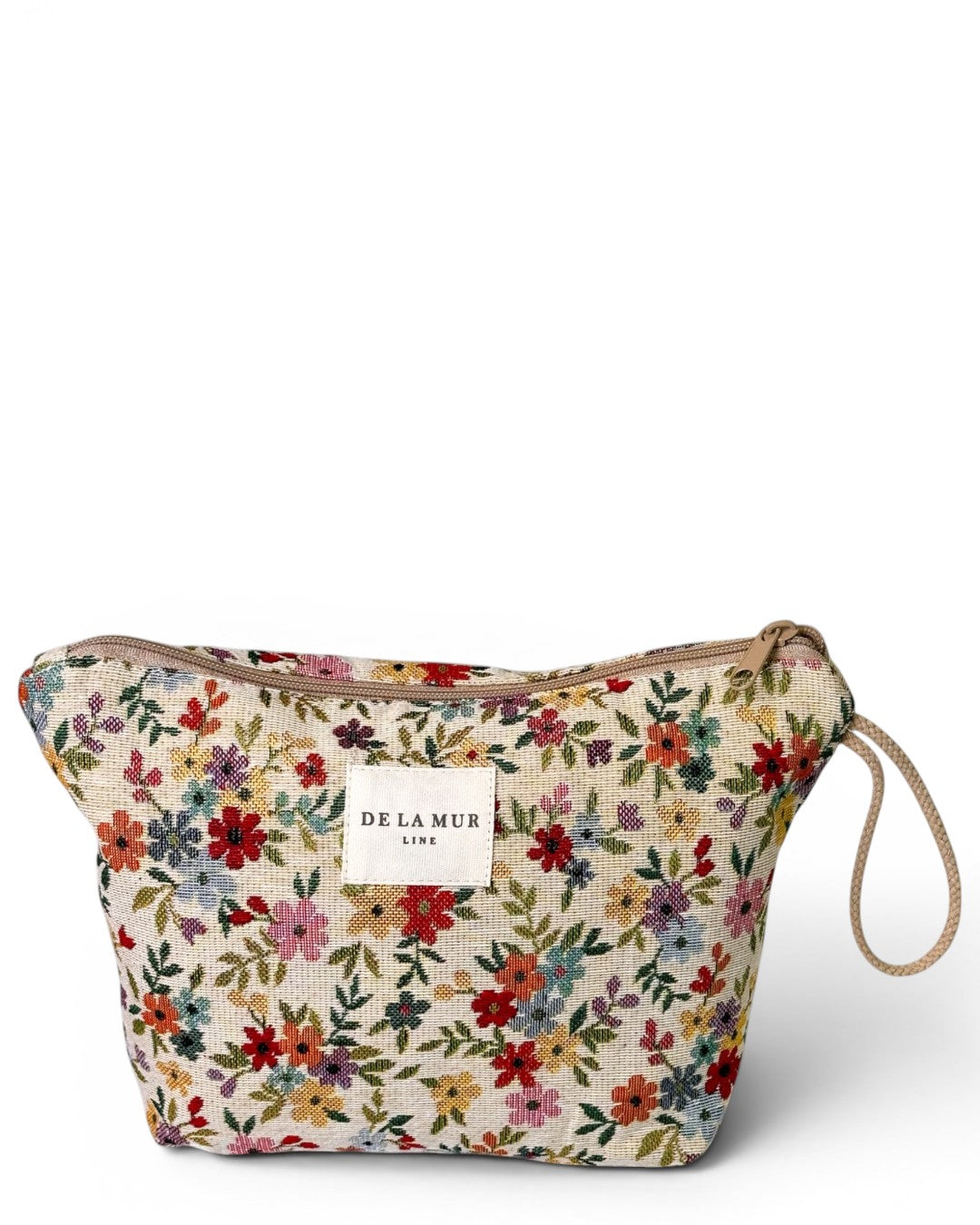 DE LA MUR floral jacquard large makeup bag in beige, front view with wrist strap