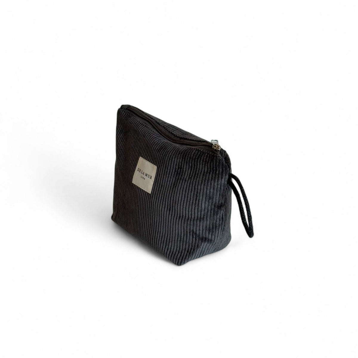 DE LA MUR Boni gray corduroy makeup bag, three-quarter side view