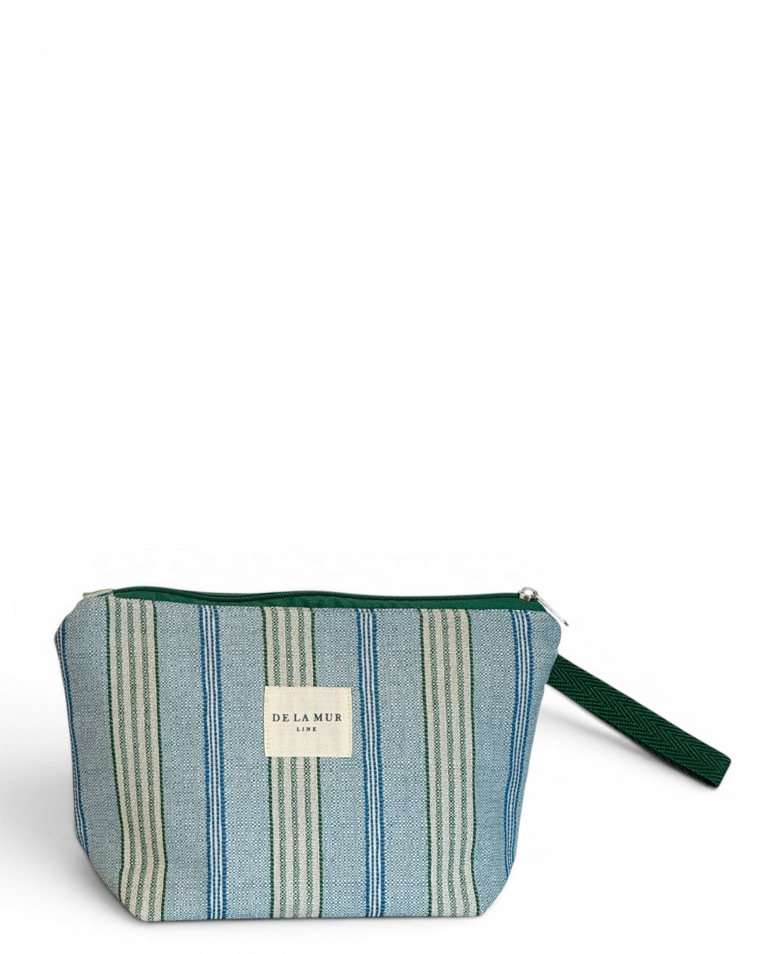 DE LA MUR Cata large makeup bag in green and blue striped jacquard, front view
