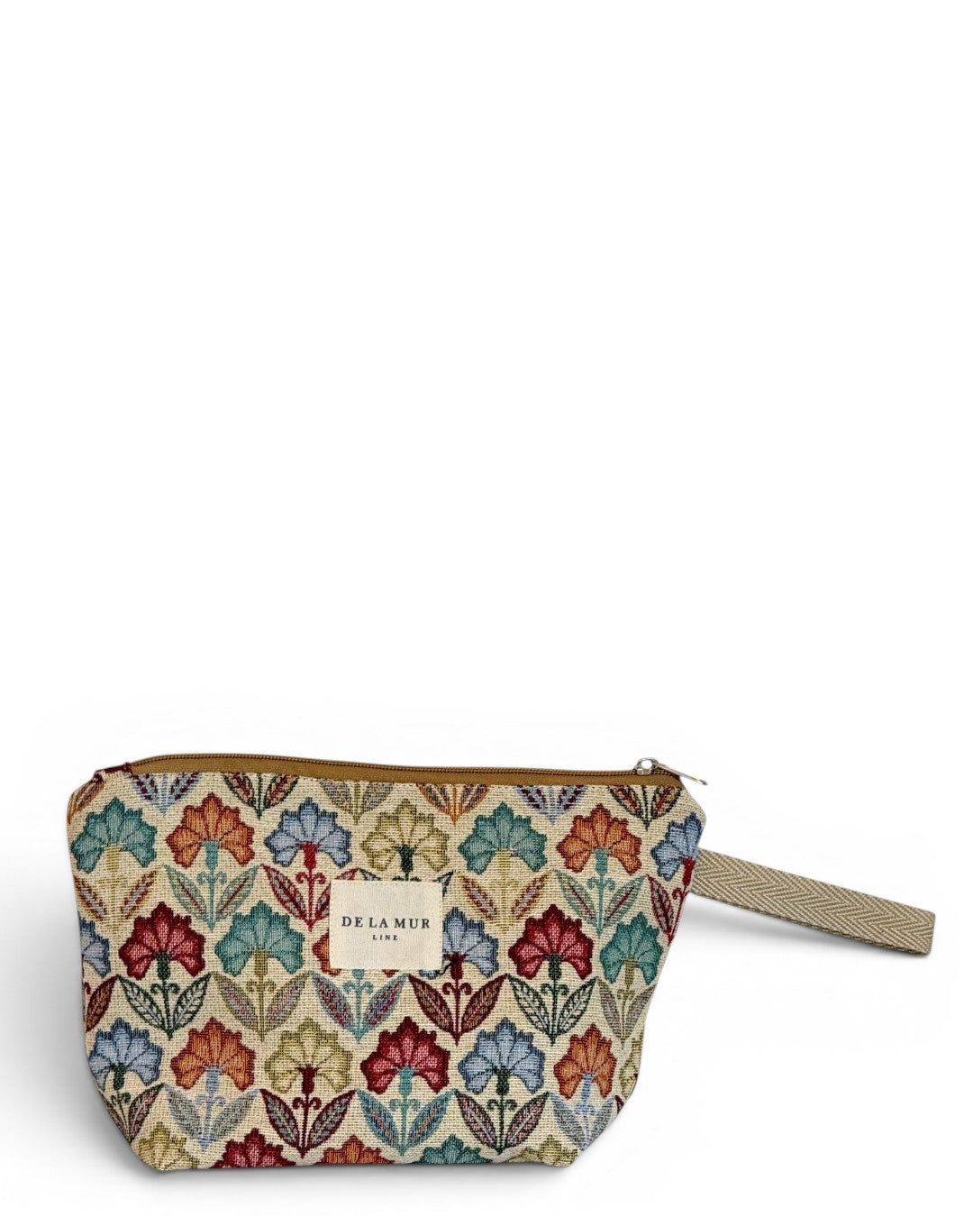 DE LA MUR Flora large makeup bag in beige floral jacquard, front view