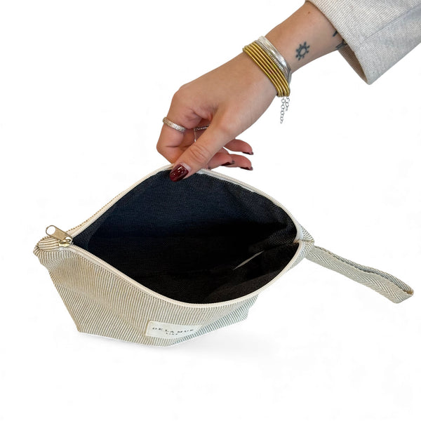 Striped Jacquard Large Makeup Bag – Olive & Cream (Foz)