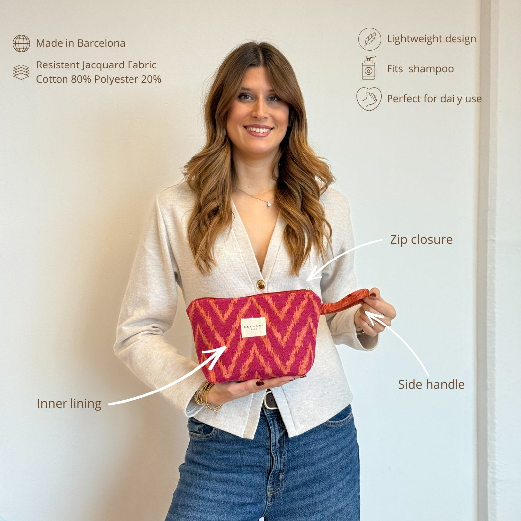 Model holding the DE LA MUR Fuego zigzag makeup bag with labeled features infographic
