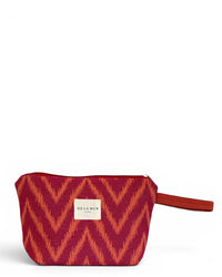 DE LA MUR Fuego large makeup bag in pink and orange zigzag jacquard, front view