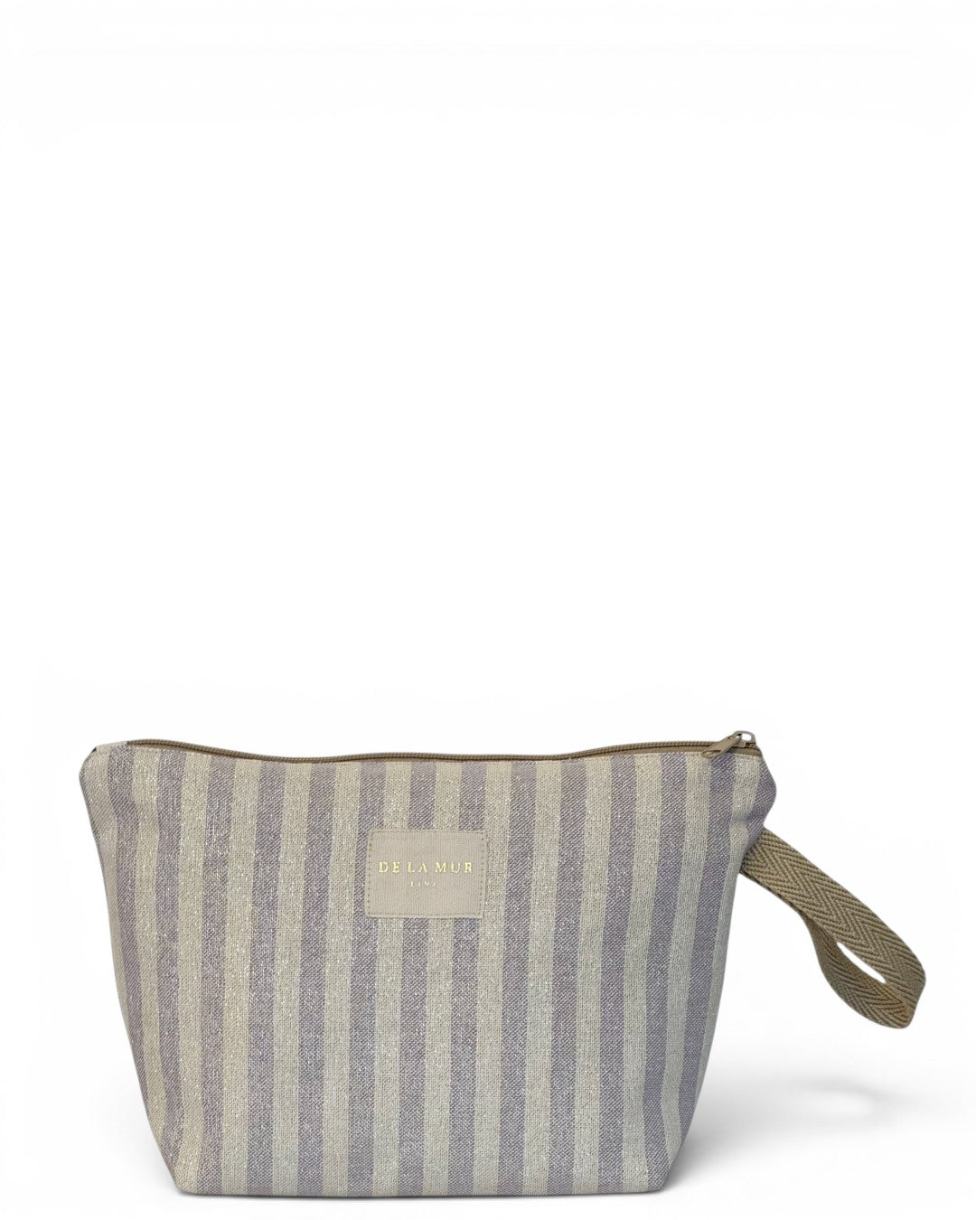 DE LA MUR Lulil large makeup bag in beige and ecru stripes with lurex, front view