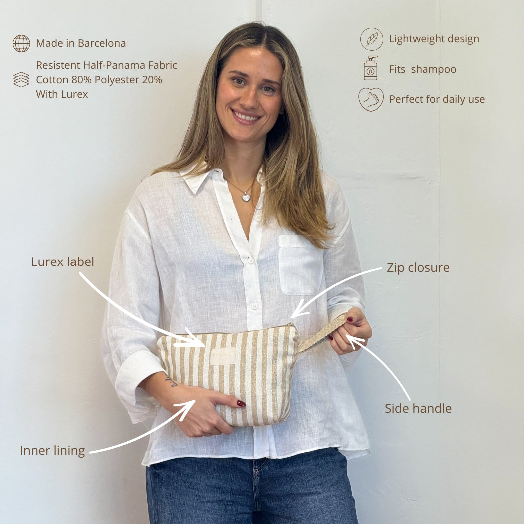 Model holding DE LA MUR Lumos makeup bag, infographic of fabric and features