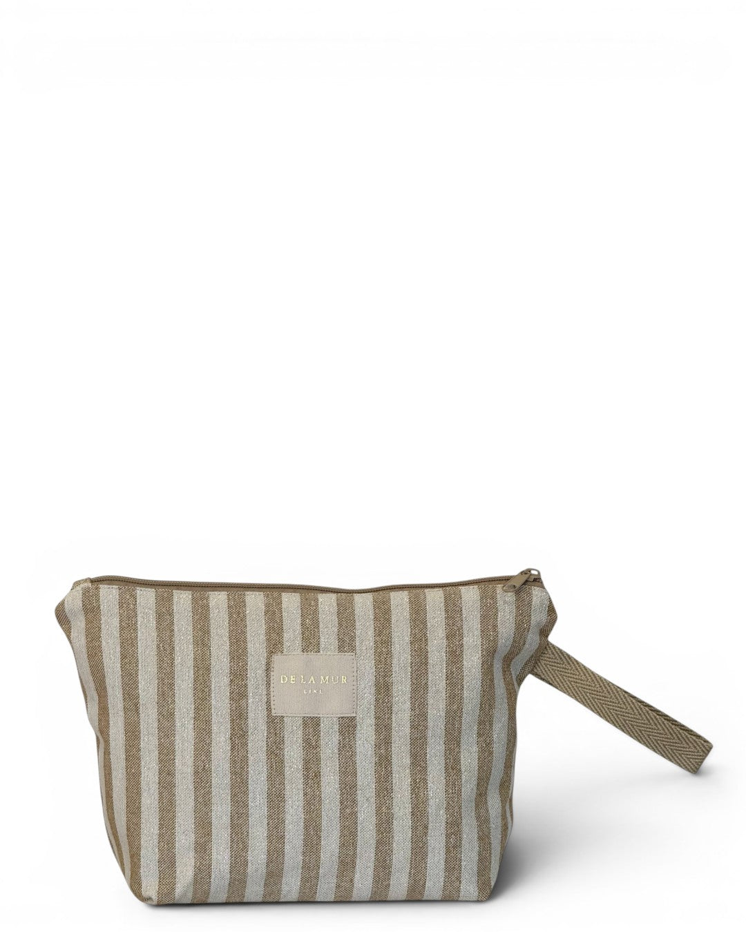 DE LA MUR Lumos large makeup bag in beige and ecru stripes, front view with wrist strap