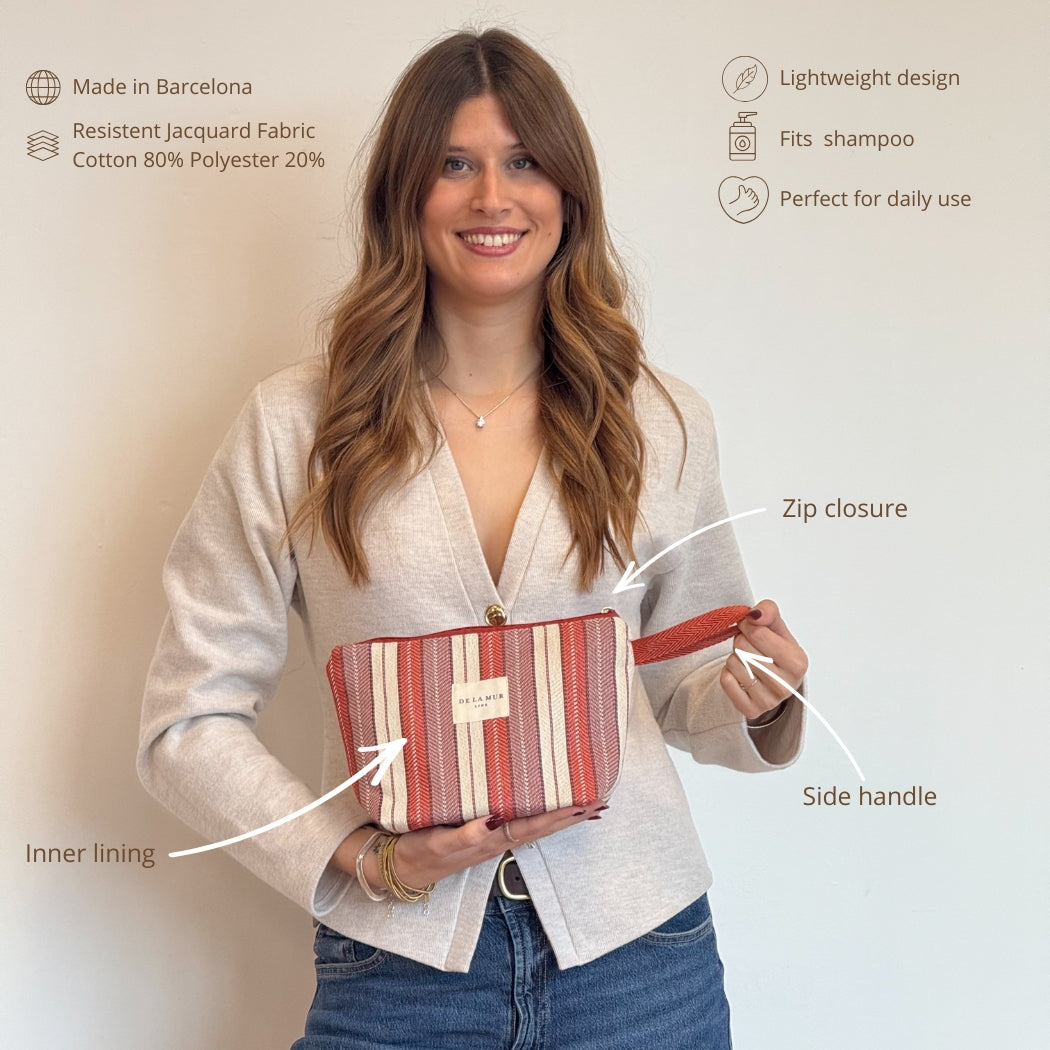 Model holding DE LA MUR Make makeup bag, infographic of fabric and features