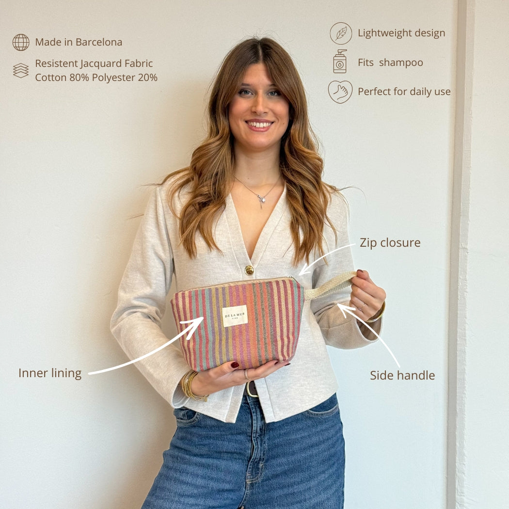 Model holding DE LA MUR Maria makeup bag, infographic of fabric and features