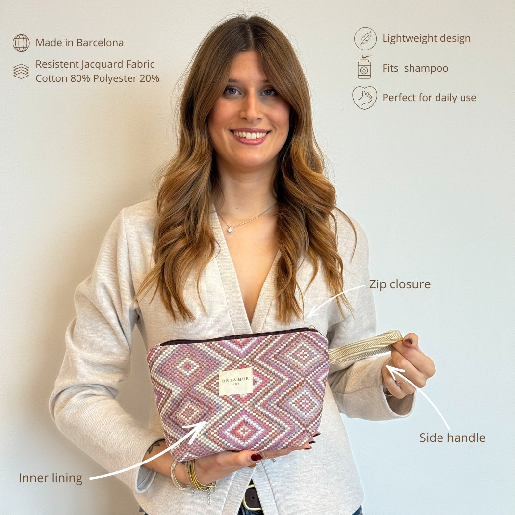 Model holding DE LA MUR Nana makeup bag, infographic of fabric and features