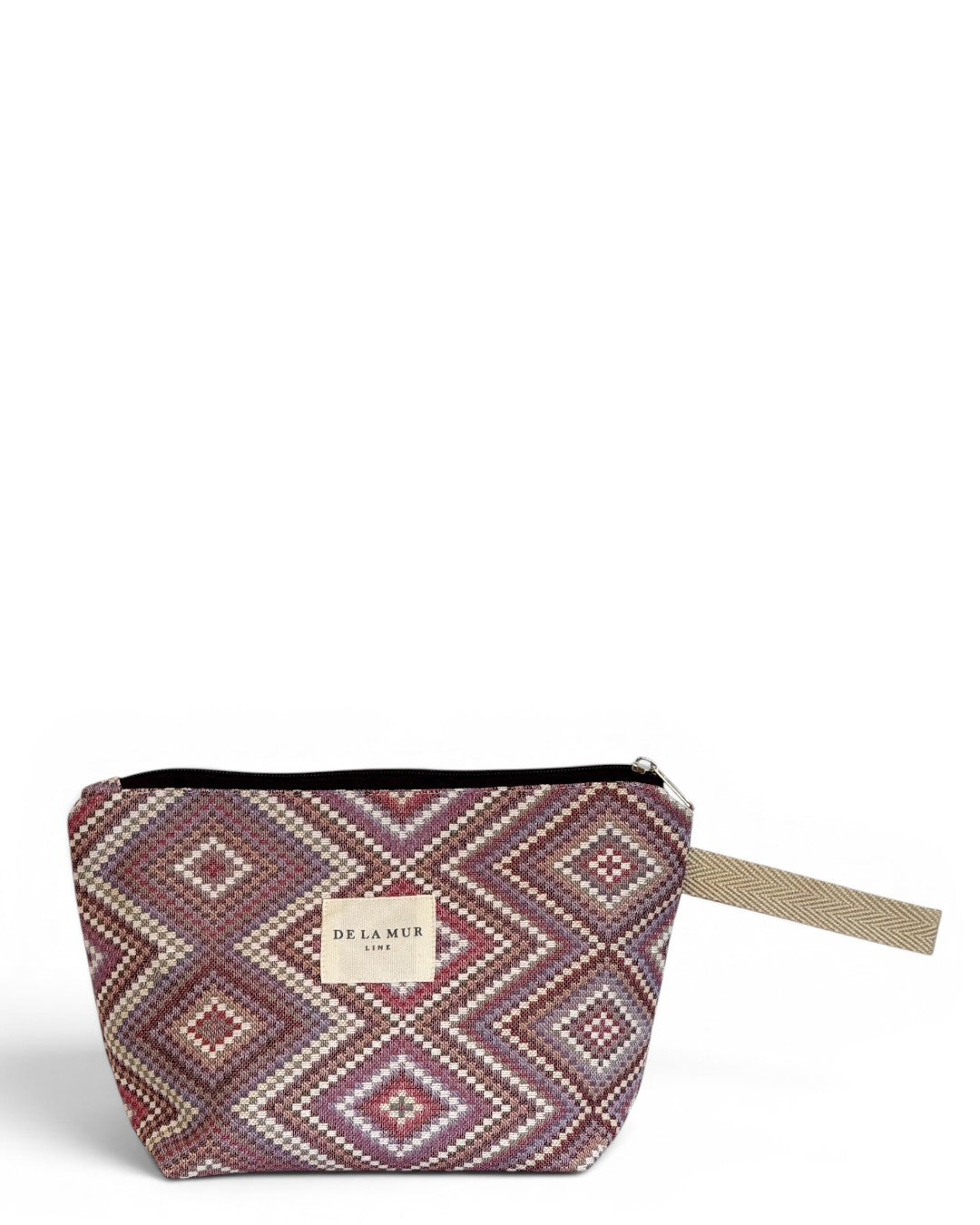 DE LA MUR Nana large makeup bag in beige and lilac diamond jacquard, front view