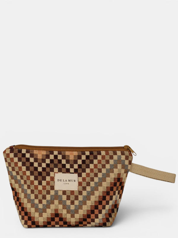 DE LA MUR Zigzag Jacquard Large Makeup Bag in brown & beige, front view with wrist strap