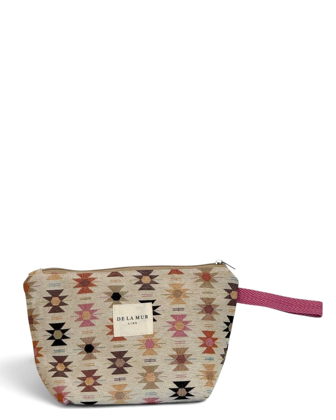 DE LA MUR geometric jacquard makeup bag in pink and orange, front view with pink wrist strap