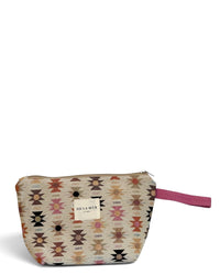 DE LA MUR geometric jacquard makeup bag in pink and orange, front view with pink wrist strap