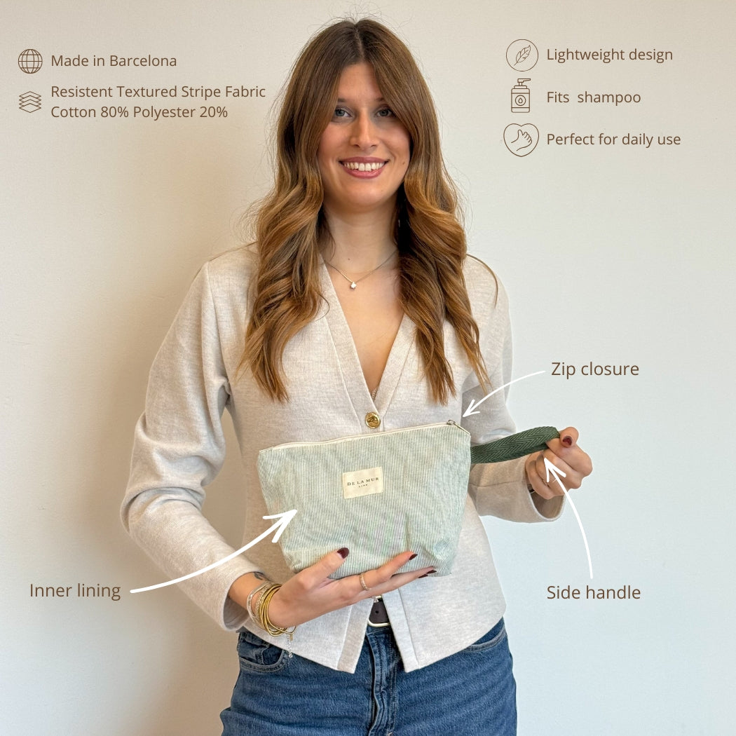 Model holding the DE LA MUR green striped makeup bag, features infographic