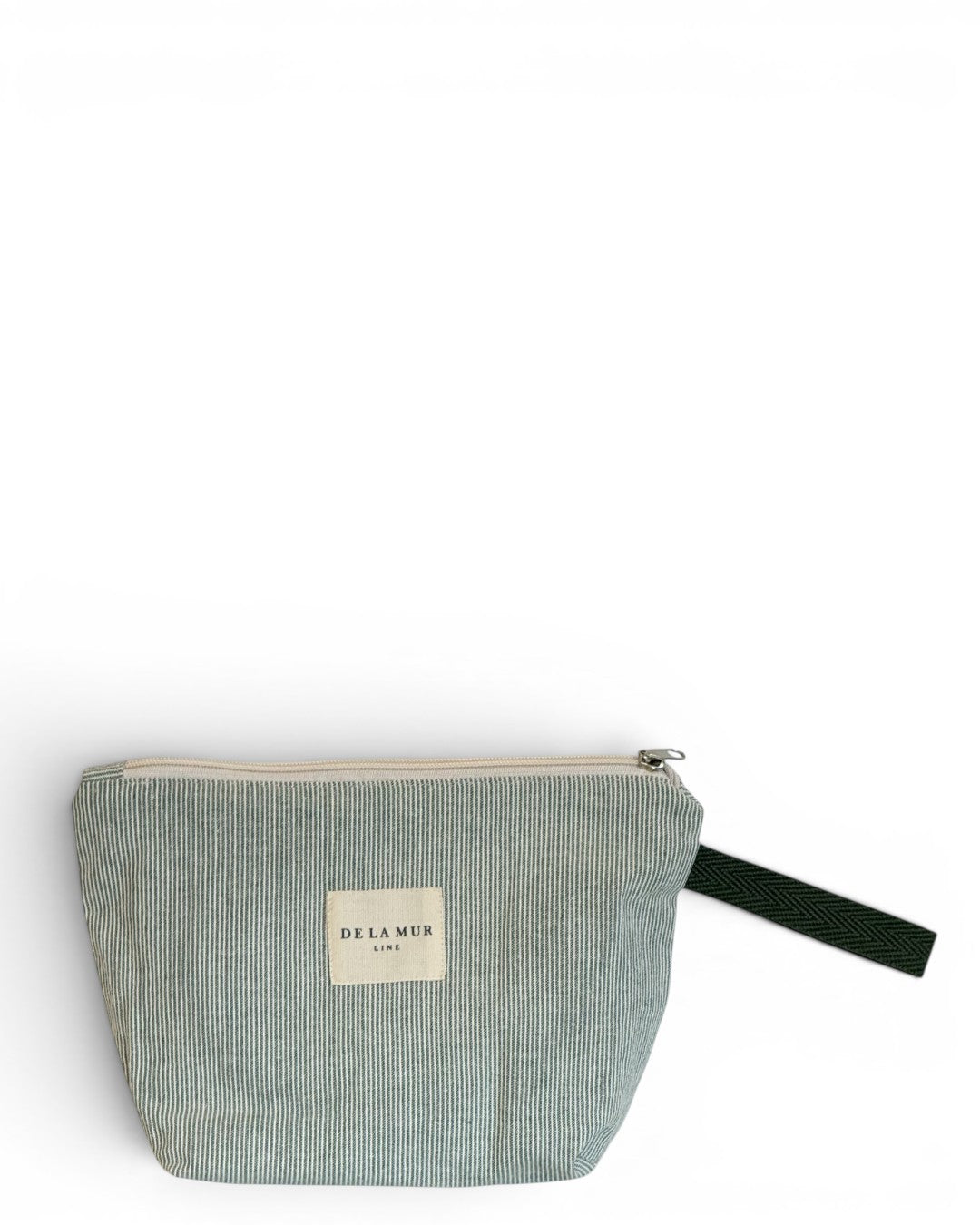 DE LA MUR striped makeup bag in green and light green, front view with side strap