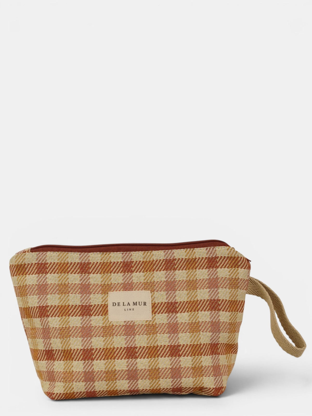 DE LA MUR Gingham Jacquard Large Makeup Bag in terracotta & orange, front view with strap
