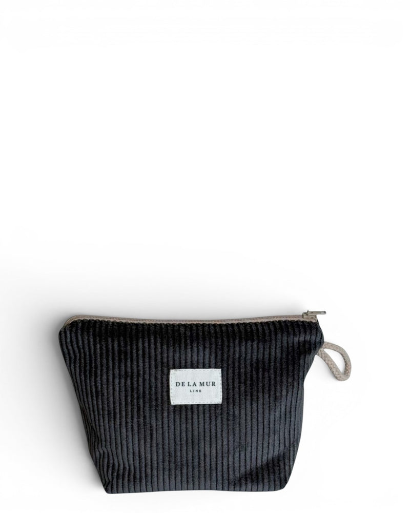 DE LA MUR Boni corduroy makeup bag in charcoal gray, front view