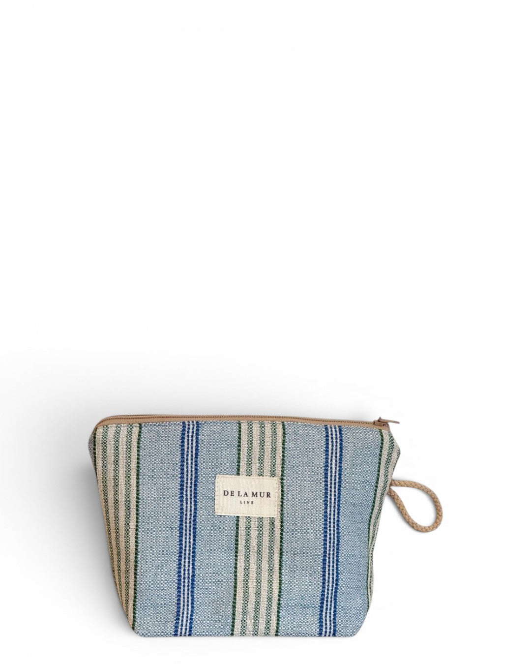 DE LA MUR striped jacquard small makeup bag in beige and blue, front view