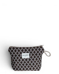 DE LA MUR Cobre geometric jacquard small makeup bag in beige and brown, front view with wrist loop
