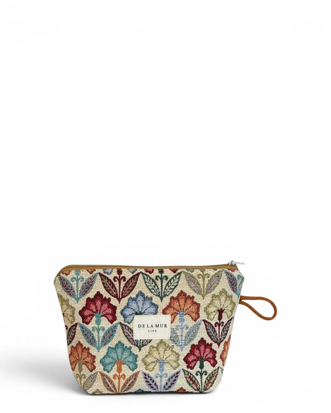 DE LA MUR floral jacquard small makeup bag in beige and multicolor, front view