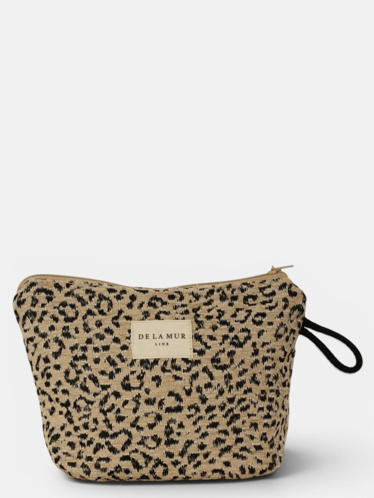 DE LA MUR leopard jacquard small makeup bag in beige & black (Koto), front view