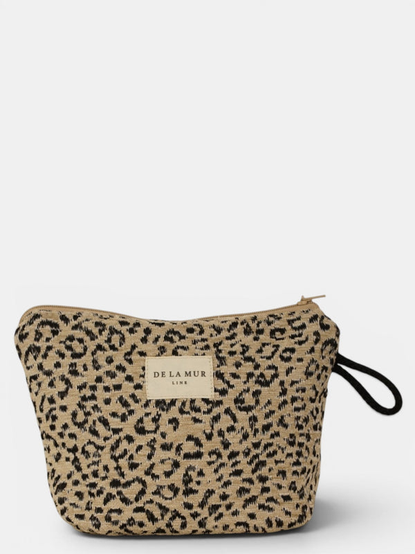 DE LA MUR leopard jacquard small makeup bag in beige & black (Koto), front view