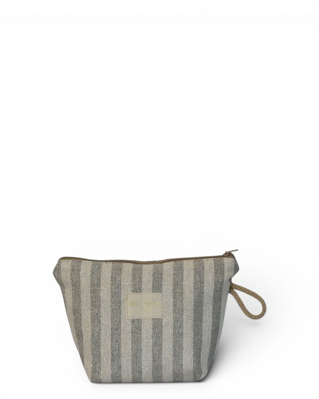 DE LA MUR Lugris striped makeup bag in beige and grey lurex, front view with wrist strap