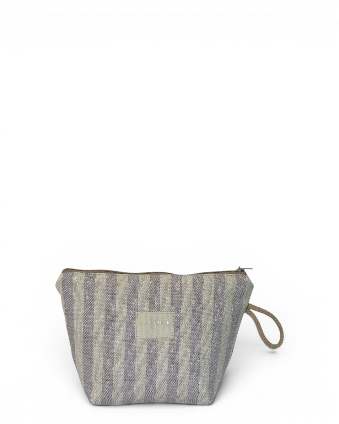 DE LA MUR Lulil striped makeup bag in beige and lilac lurex, front view with wrist strap