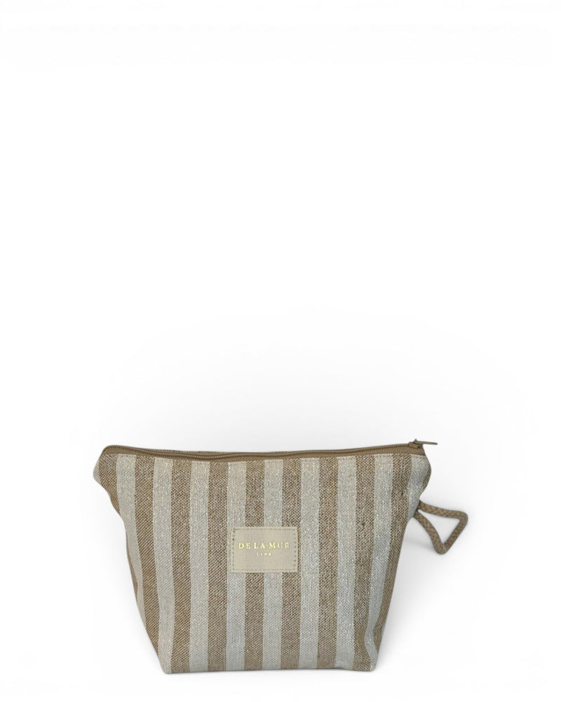 DE LA MUR Lumos striped makeup bag in beige and mustard lurex, front view with strap