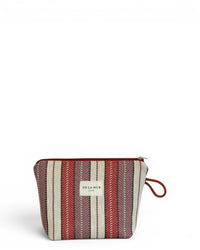 DE LA MUR Make striped jacquard makeup bag in burgundy and cream, front view with strap