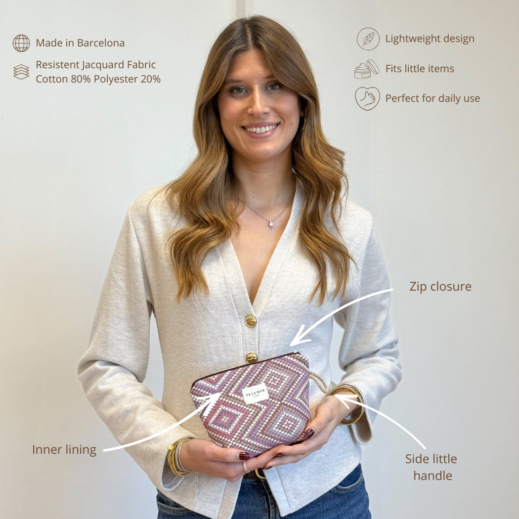 Model holding the DE LA MUR geometric jacquard makeup bag with labeled features