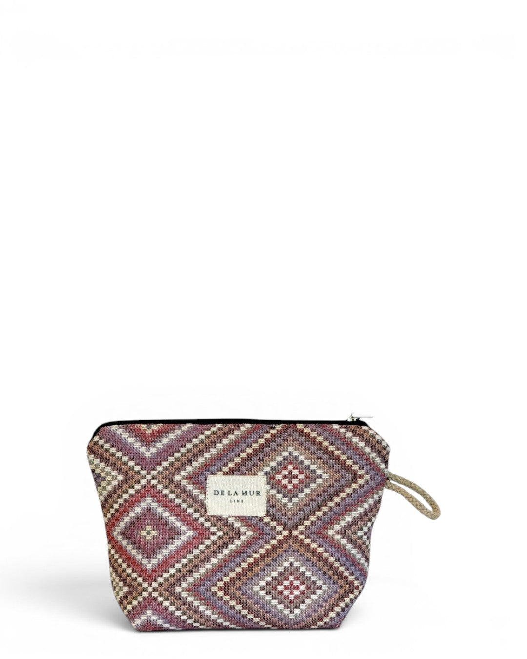 DE LA MUR Nana geometric jacquard makeup bag in beige and pink, front view with strap