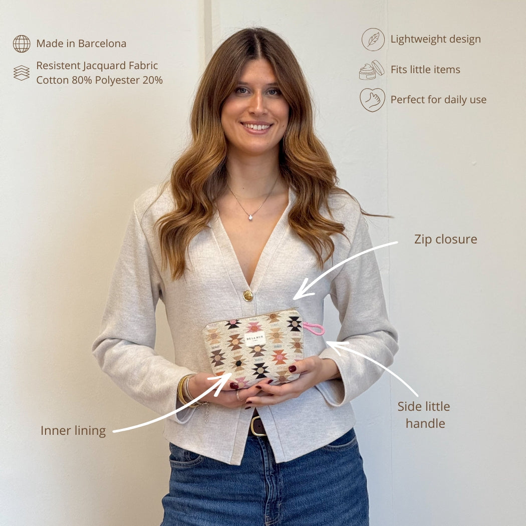 Model holding the DE LA MUR Royal makeup bag with feature callouts