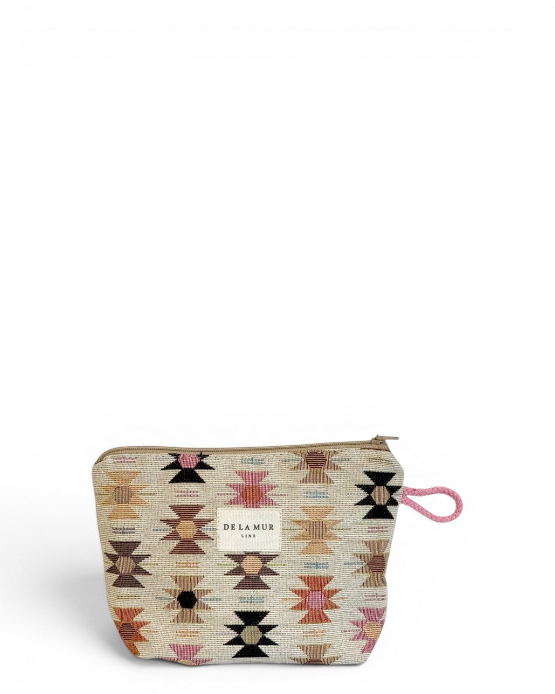 DE LA MUR Royal geometric jacquard makeup bag in pink and orange, front view