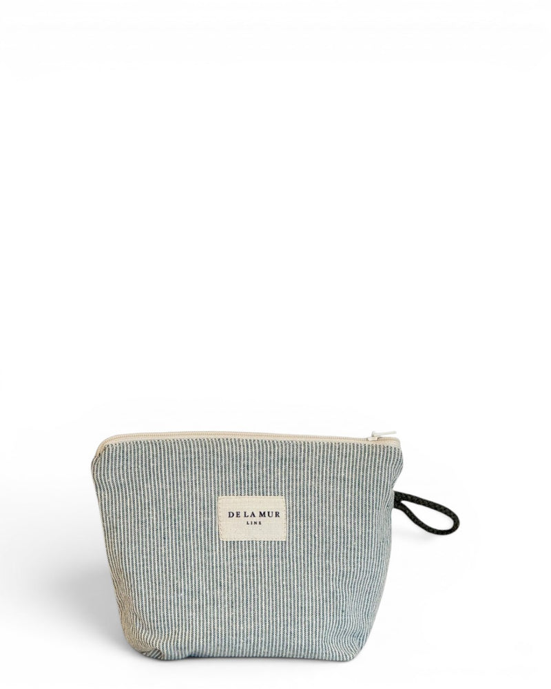 DE LA MUR Teo striped makeup bag in green and light green, front view