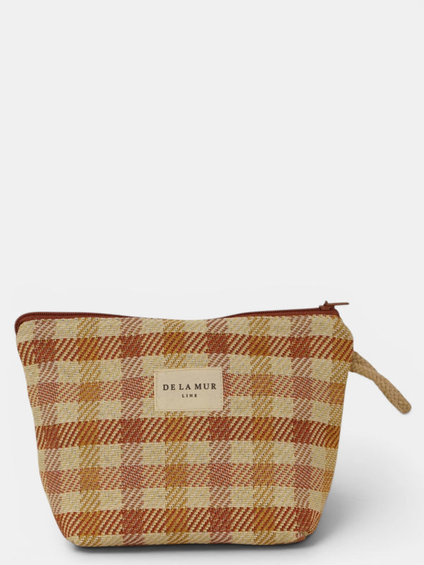 DE LA MUR Gingham Jacquard small makeup bag in terracotta and orange, front view