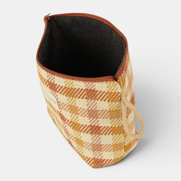 Open DE LA MUR Gingham Jacquard makeup bag showing the dark lined interior