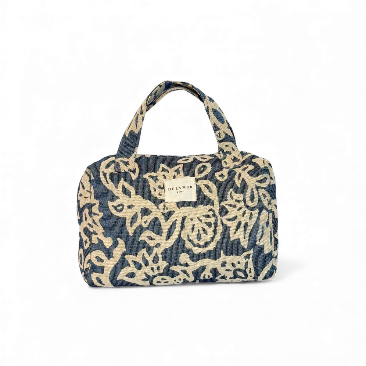 DE LA MUR Akay extra large floral jacquard bag in off-white and blue, front view