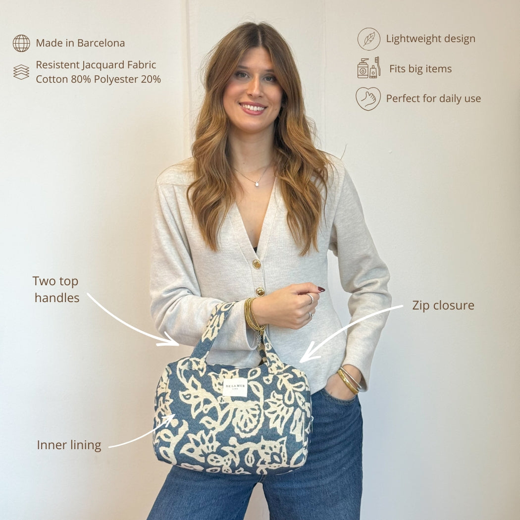 Model holding the DE LA MUR Akay handled jacquard bag with feature callouts