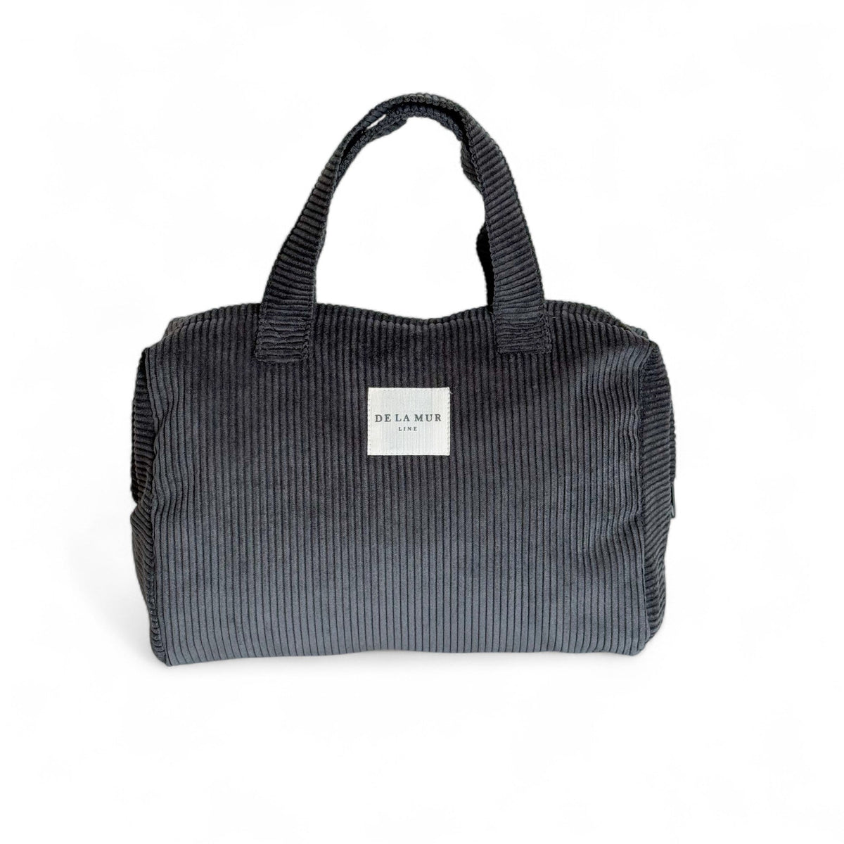 DE LA MUR Boni corduroy XL makeup bag in gray, front view with top handles
