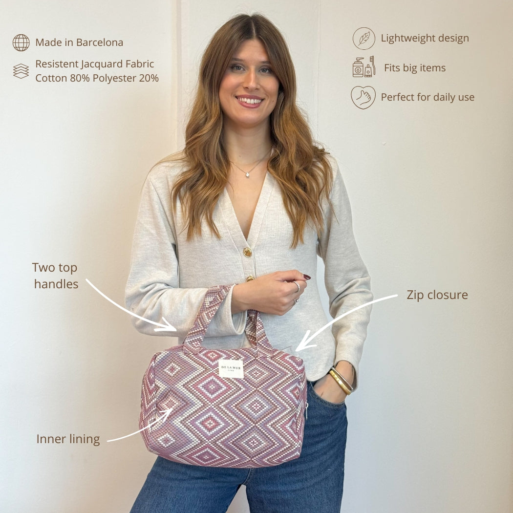 Model holding DE LA MUR pink geometric makeup bag, features infographic with labels