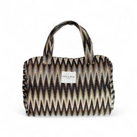 DE LA MUR Skan zigzag jacquard extra large makeup bag in black and beige, front view with handles