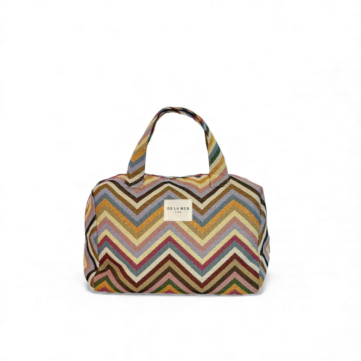 DE LA MUR geometric jacquard extra large makeup bag in multicolor chevron, front view