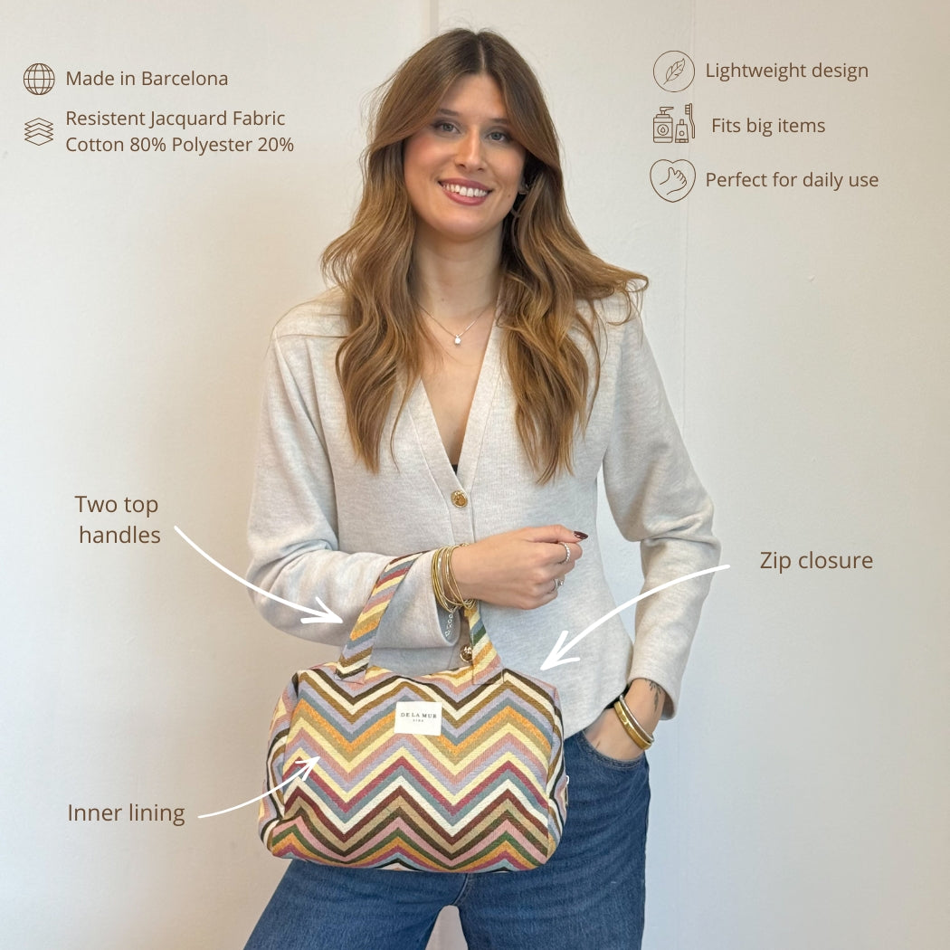 Model holding DE LA MUR chevron makeup bag, features infographic with labels