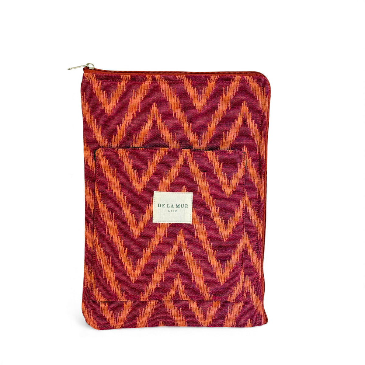 DE LA MUR zigzag jacquard padded laptop bag in pink and orange, front view with pocket