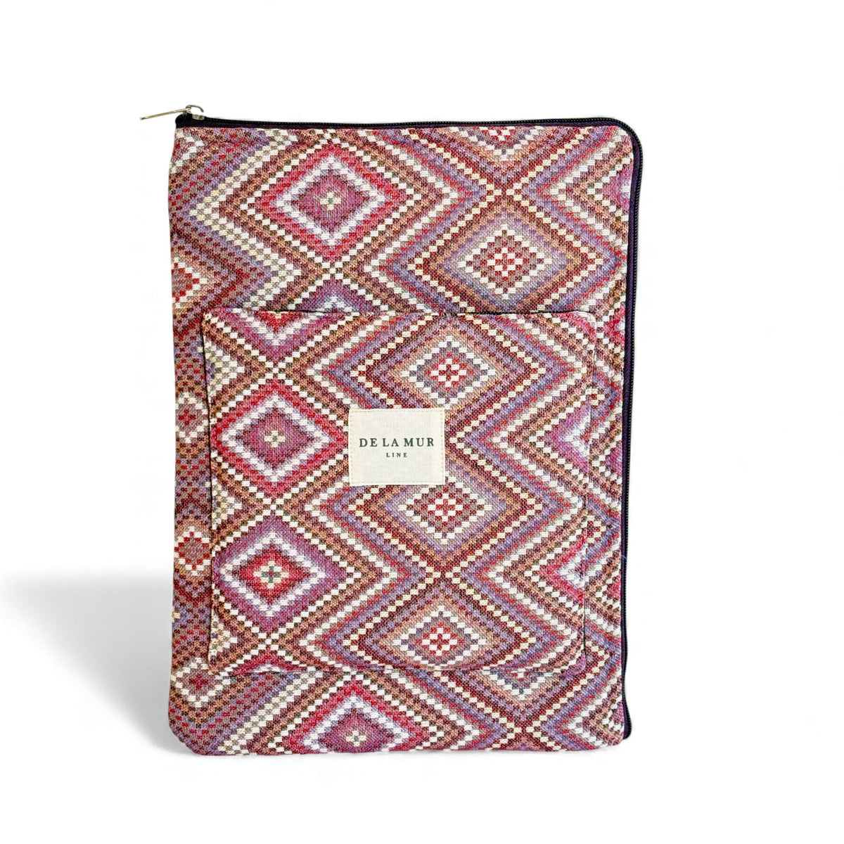 DE LA MUR geometric jacquard padded laptop bag in pink and lilac, front view with pocket